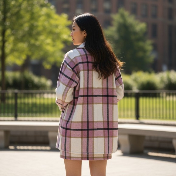 Womens‎ 4 Shacket Shirt Jacket Mini Skirt 2pc Outfit Preppy Pink Plaid Angelcore - Picture 3 of 11